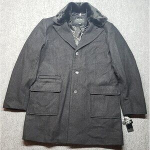 Sean John Wool Overcoat Mens XL Black Collared Long Sleeve Button Solid New